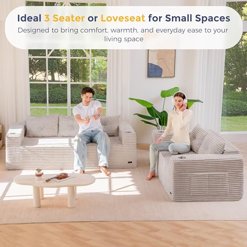 Image of MAXYOYO 79 inch Oversized Boneless Loveseat Sofa Couch for Small Spaces, Mini Love Seat Floor Couch with Cup Holders and Pillows, 3-Seater Upholstered Cloud Couch for Bedroom, No Assembly Required