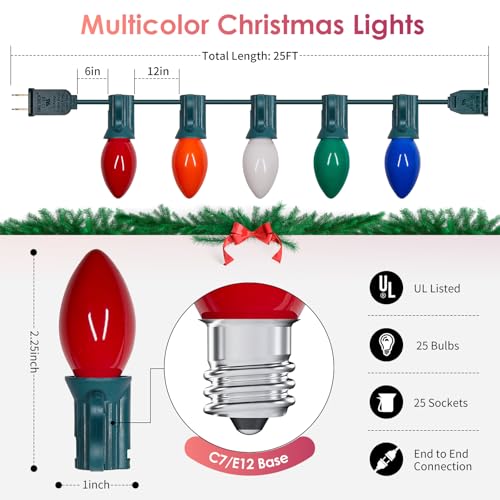 Image of C7 Vintage Christmas Lights Outdoor Multicolor Tree String, 25FT Colorful Indoor Hanging Decorations for House Garden Patio Party (Green Wire)