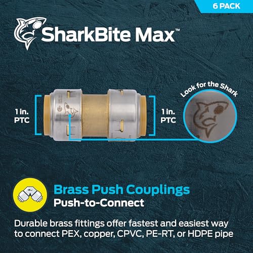 Image of SharkBite Max 1 Inch Coupling, Pack of 6, Push to Connect Brass Plumbing Fitting, PEX Pipe, Copper, CPVC, PE-RT, HDPE, UR020
