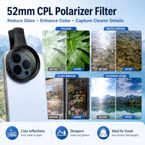 Image of 52mm CPL Polarizer Filter for Mobile Phone Camera, Clip-On Smartphone Lens Filter Kit with Adjustable Mount, Anti-Glare Circular Polarizing Lens Filter for iPhone & Android