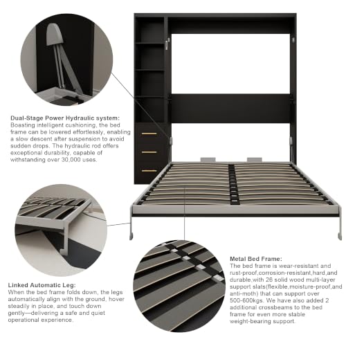Image of KEIKI Queen Size Vertical Cabinet Murphy Bed with 1 Side Cabinet, Black