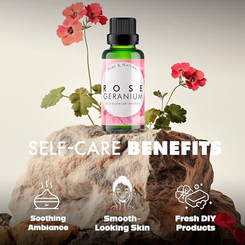 Image of Esslux Geranium Essential Oil - 100% Pure & Natural Rose Geranium Oil for Skin & Hair | Calming Aromatherapy Oil for Diffuser, Soap Making, and DIY Projects | Perfect for Stress Relief (10ml)
