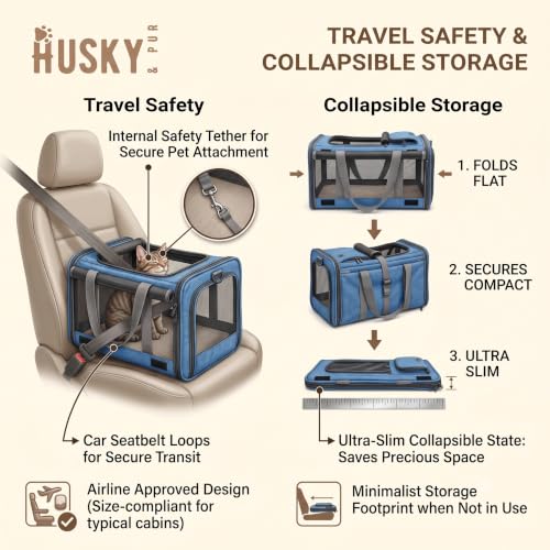 Image of Husky & Purr Pet Carrier for Cats & Small Dogs | Airline Approved Soft-Sided Cat Bag Carrier | Cat Carrier & Dog Carrying Bag with Privacy Curtain, Safety Leash & Storage Pocket | Up to 9kgs