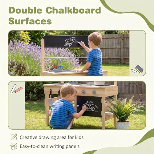 Image of HONEY JOY Mud Kitchen, Fir Wood Outdoor Play Kitchen for Toddlers, Storage Cabinet, Chalkboard, Cooking Accessories, Pretend Play Montessori Children Backyard Furniture for Garden Patio, Natural
