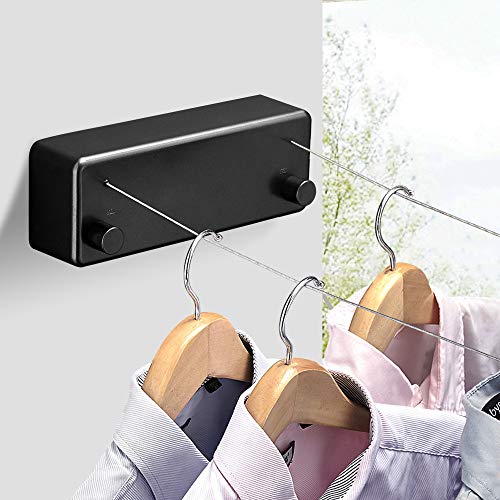Image of BESy Retractable Clothesline ABS case+Aluminum Dryer with Adjustable Stainless Steel Double Rope String Hotel Style Heavy Duty,Wall Mounted Method, 13.8 Feets,Black