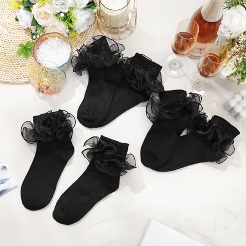Image of Geyoga 3 Pairs Women Big Ruffle Socks Turn Cuff, Double Lace Ankle Cotton Frilly Socks for Ladies Summer