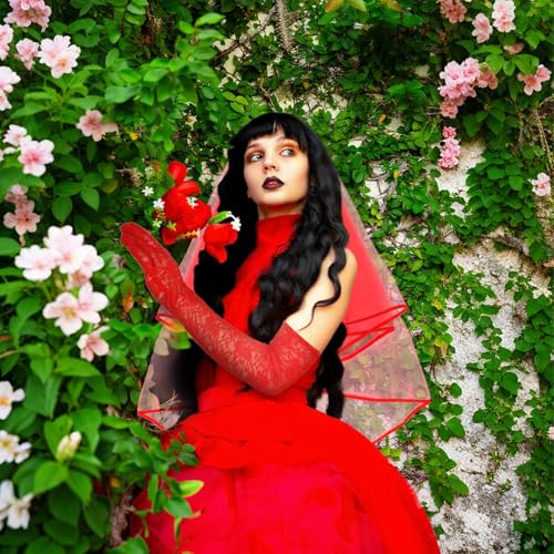 Red Veil and Gloves Set Beetlejuice Gothic Bride Costume Accessories, Halloween Wedding Veil, Victorian Masquerade2