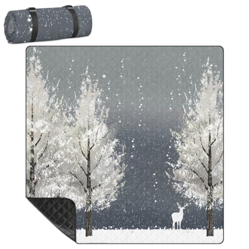 Shimoshe Extra Large Picnic Blankets 79”x 79”, Winter Tree Animal Deer Waterproof Foldable Picnic Mat with Straps Portable Beach Blanket for Camping Park Grass Beach Indoor