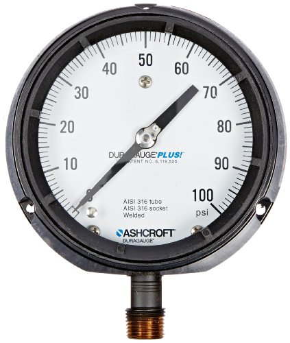 Ashcroft Duragauge Type 1279 Black Phenolic Case Pressure Gauge with PLUS Performance Option, 316 Stainless Steel Bourdon Tube and Tip, 316 Stainless Steel Socket, Solid Front Case, 4.5