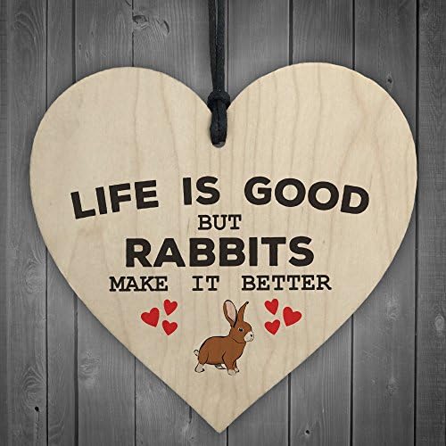 RED OCEAN Rabbits Make Life Better Wooden Hanging Heart Plaque Pet Rabbit Hutch Sign Decor