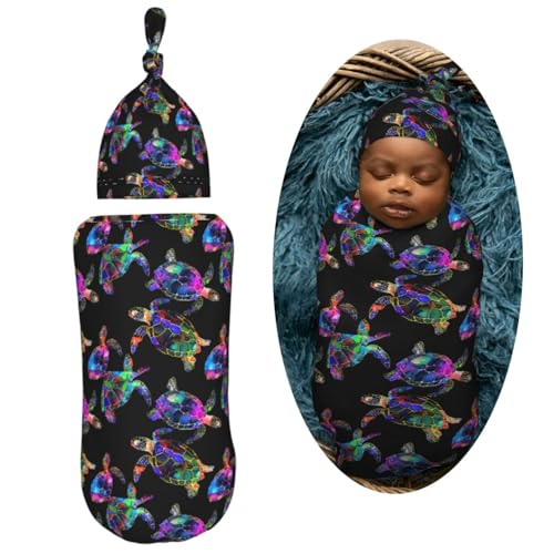 Image of Sea Turtle Newborn Swaddle Blanket with Beanie Set Soft Baby Sack Stretch Adjustable Swaddle Wraps Receiving Blankets