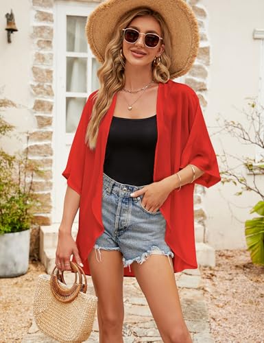 Chunoy Women Chiffon Kimono Cardigan Short Sleeve Open Front Tops Beach Wear Cover Up3