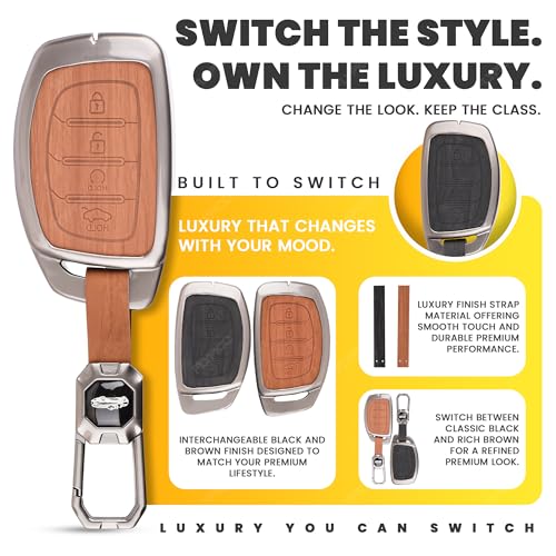 Image of Car Key Cover Compatible with Hyundai Alcazar and Creta Car 4-Button Smart Key (Dual Leather Metal (Black & Brown))