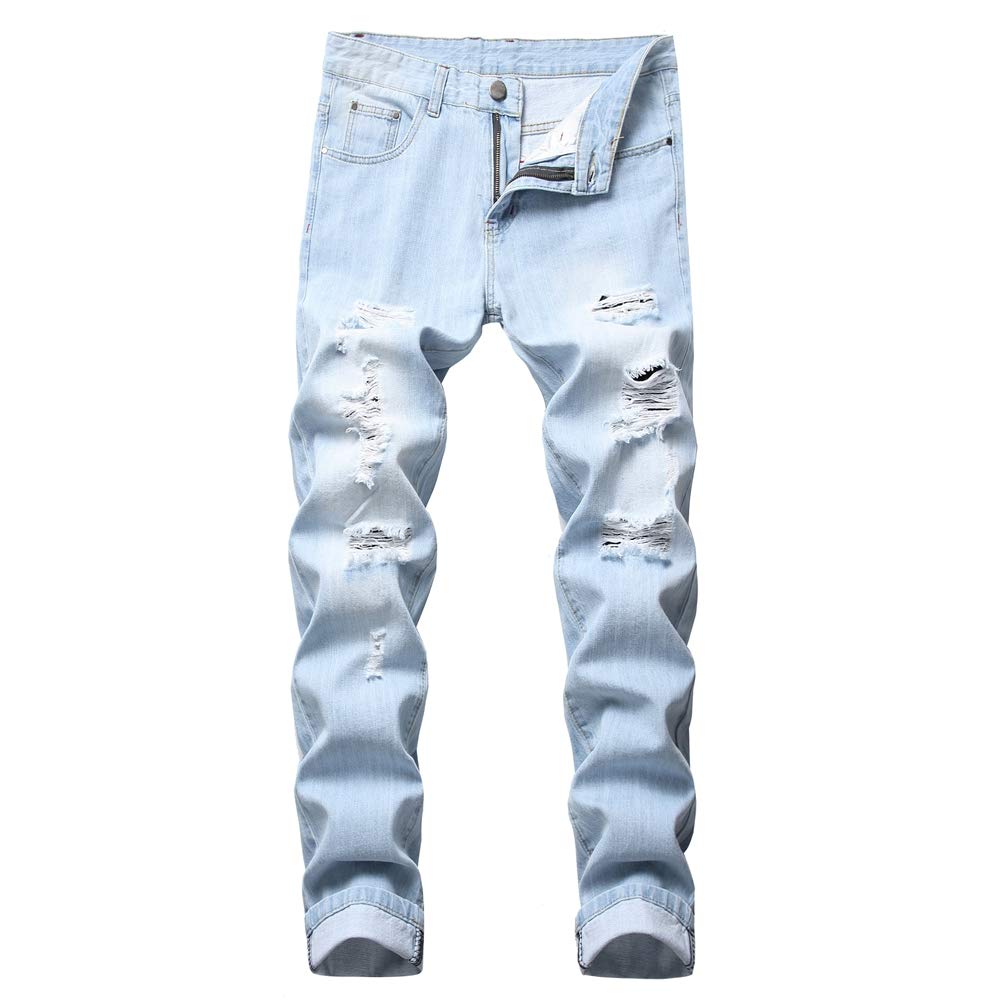 LZLER Mens Ripped Jeans,Distressed Destroyed Slim Fit Straight Leg Denim Pant with Holes, Sky Blue, 34