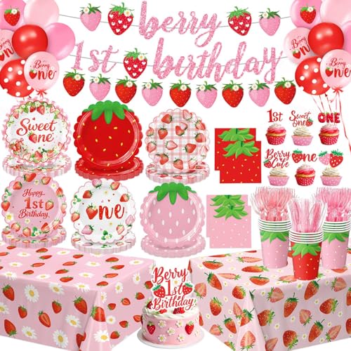 Berry First Birthday Decor Strawberry 1st Birthday Decorations Includes Plates Napkins Cups Cutlery Cupcake Toppers Banner Tablecloths Balloons for Strawberry Party Decorations