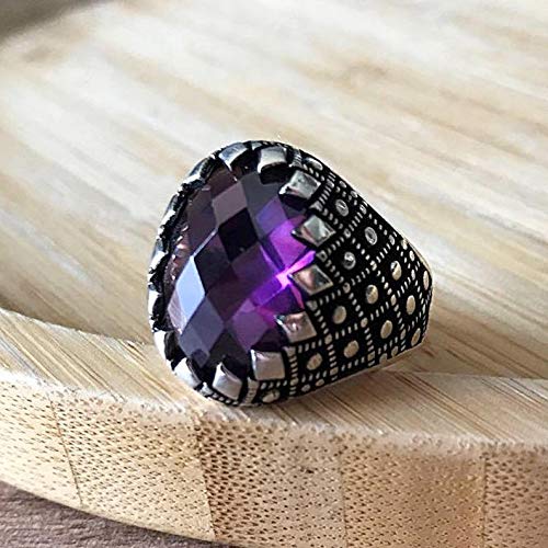 Mens Handmade Ring, Turkish Handmade Silver Men Ring, Ottoman Men Ring, Amethyst Ring Gift for Him 925k Sterling Silver Ring Amethyst jewelry February Birthstone Ring Boho Purple Stone Ring Gypsy Ring