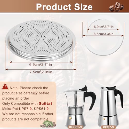 Image of Moka Pot Replacement Parts, KPS-SR Moka Express 9 Cup Replacement Filter and 2 Silicone Gaskets for Moka Pots, Compatible with KPS7-9, KPS61-9
