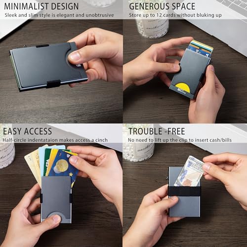 Image of Slim Card Holder Wallet for Men, Minimalist RFID Blocking Pop Up Wallet, Smart Metal Business Card Case Holds 12 Cards, Ultra-Thin Front Pocket Wallet, Gifts for Men