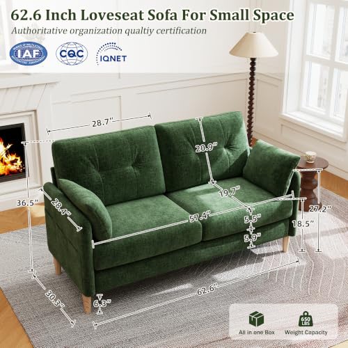 Image of Hanherry Loveseat Sofa, 62.6 inch Small Couch for Living Room, Comfy Chenille Fabric Love Seat for Bedroom with Throw Pillow,Removable Cushion Cover,Couches for Small Space,Apartment,Dorm