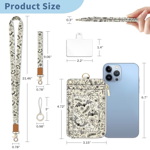 Lanyard Wallet with Id Badge Holder, Gothic Bat RFID Small Keychain Wallet Women Wristlet, Cute Zipper Credit Card Holder Phone Wrist Neck Strap for Key Name Tag, Teacher Student Office Gifts