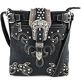 Justin West Concealed Carry Western Croc Buckle Duo Color Shoulder Handbag Purse (Black Messenger Only)