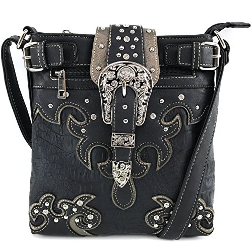 Justin West Concealed Carry Western Croc Buckle Duo Color Shoulder Handbag Purse (Black Messenger Only)
