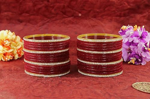 Image of NMII Fancy Glass Golden Zircon Diamond Stone & Velvet Finish Plain Bangles Set For Women & Girls | Glass Velvet Bangles | Kanch ki Chudiyan | Girl's Bangles Bracelet | Fashion Jewellery- Set of 32