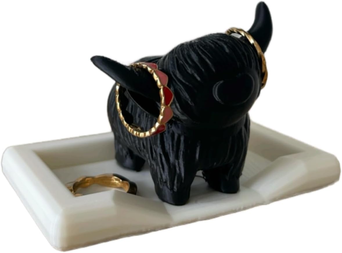 Highland Cow Ring Holder with Bed Dish, Farmhouse Decor, Jewelry Organizer, Personalized Gift (Highland Cow Black/White Plate)