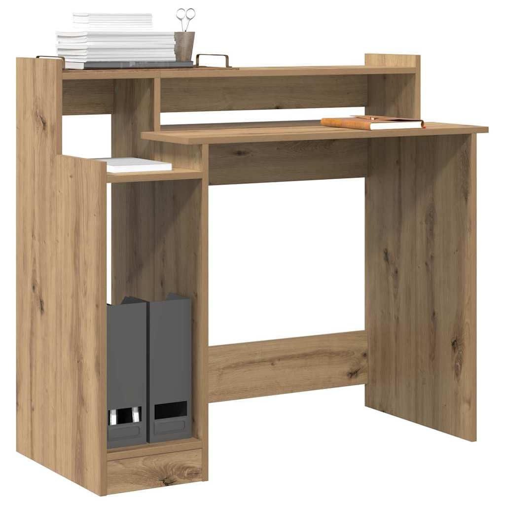 Escritorio de madera de roble Artisan, 97 x 45 x 90 cm, con iluminación LED, puerto USB y 3 estantes, moderna mesa de ordenador para oficina, oficina en casa, estudio