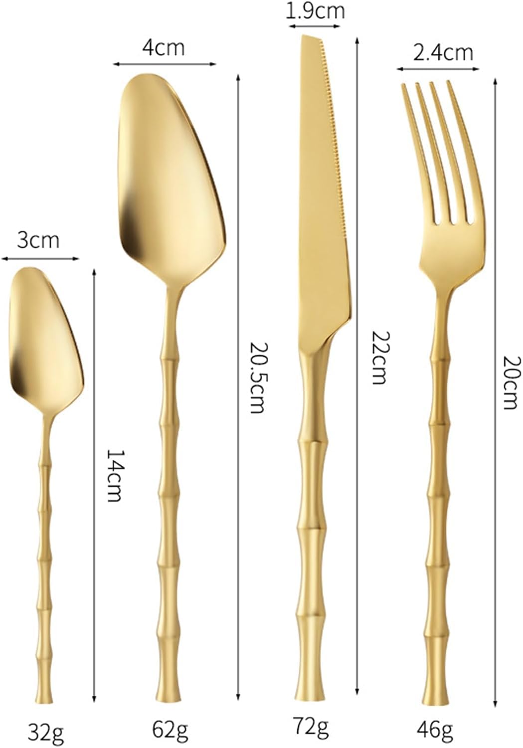 Ce Service de Couverts doré Mat pour 8 Personnes Comprend 18 Couverts en Acier Inoxydable avec Manches martelés. Idéal pour la Maison, la Cuisine et Les Mariages. Compatible Lave-Vaisselle,