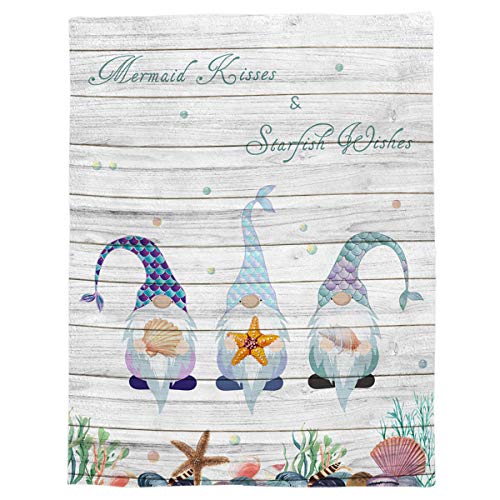 Flannel Fleece Blanket Mermaid Gnomes Super Soft Warm Cozy Throw Blankets Mermaid Tail Scales Coral Conch Starfish Wood Grain Bed Couch Or Car Blanket For Children Adult Travel All Reason 50X60Inch #TOP4