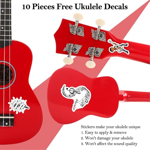 Image of Everjoys Soprano Ukulele Beginner Kit 21 Inch w /Free Online Lesson Gig Bag Tuner Picks Strap, Fast to Learn (Shinny Red）