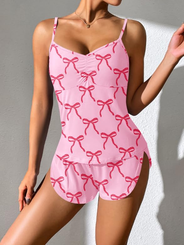 Image of Ekouaer Women Pajamas Set Cami Shorts Set Soft V Neck Sleepwear Sleeveless Lingerie Pjs Set S-XXL