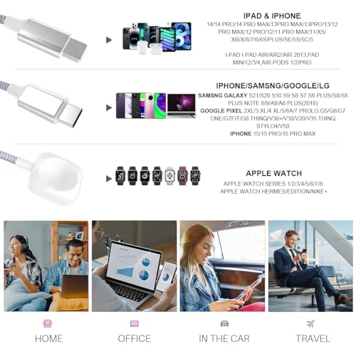 Image of Verilux 3 in 2 Multi Charging Cable with Apple Watch Charger for Travel | PD 60W Type C Cable Fast Charging with Type C /L Cable Portable Designed for iWatch, iPhone 17-8, Galaxy S26-21, 4.9Ft