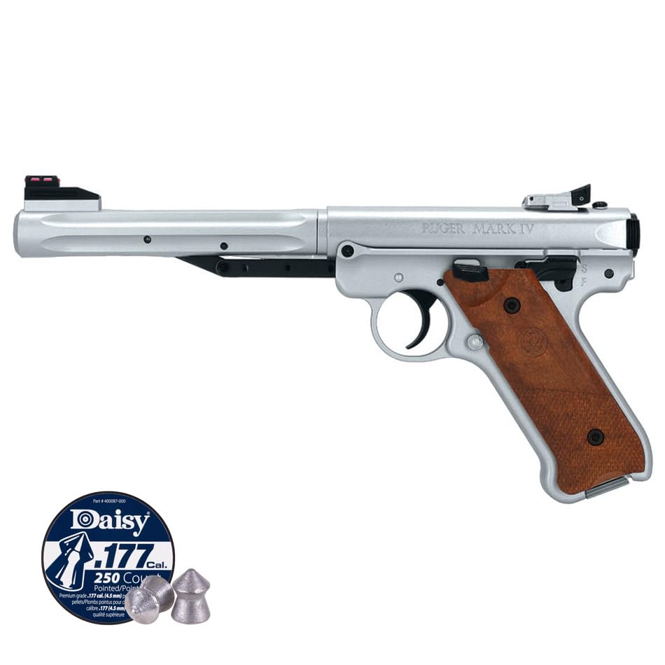 Pistola Ruger Mark IV Plata Muelle (4,5mm) | Pistola de Aire comprimido Calibre 4,5mm + Caja de balines. Pistola de Muelle