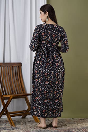 Image of Amazon Brand - Tavasya Women Botanical Floral Printed Maternity Midi Dress | Round Neck | 3 /4 Ruffle Sleeves | Concealed Feeding Zip | Gathered Tiered Nursing Dress