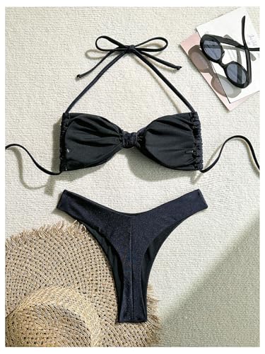 SOLY HUX Women's 2 Piece Bikini Set Metal Decor Halter Swimsuit Tie Back High Cut Bathing Suit2