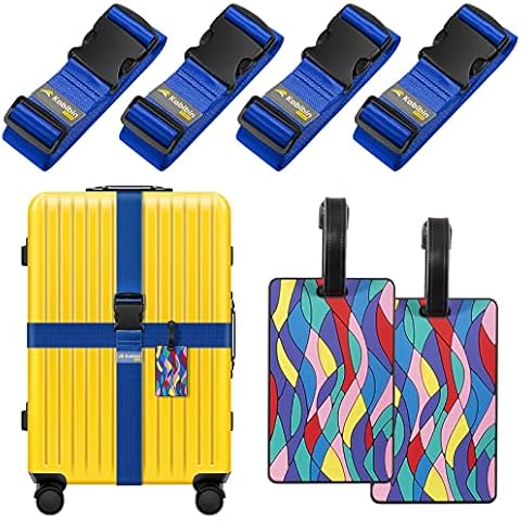 Luggage Straps for Suitcases TSA Approved with 2 Tags Set, Travel Luggage Identifiers for Suitcase 6Pack, 4 Blue Luggage Belts & 2 Silicone Tags Cover