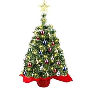loriu Mini Christmas Tree, 24 Inch Artificial Tabletop Christmas Tree, Small Xmas Pine Tree with Lights and Ornaments…