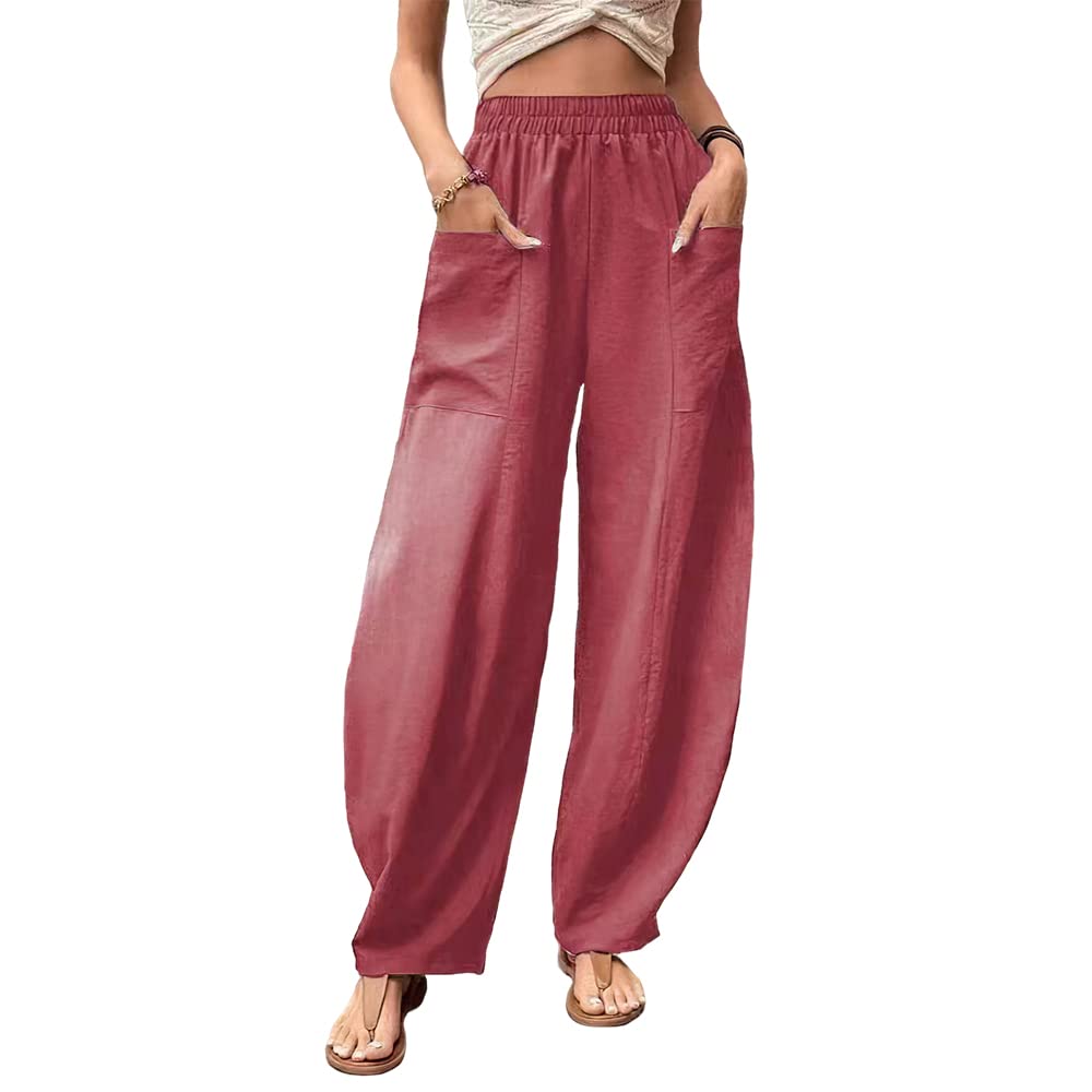 Akivide Womens Casual Linen Elastic Waist Pants High Waist Loose Comfy Trousers Wide Leg Pants for Women with