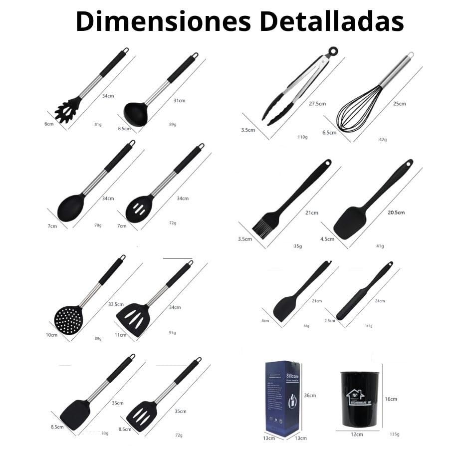 TINA&CO Juego de utensilios de cocina silicona 15 piezas de silicona con mango de acero inoxidable, resistentes al calor, antiadherente, espátulas grandes, apto para lavavajillas (Negro)