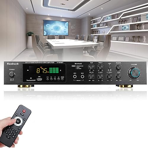 Bluetooth Stereo Audio HiFi Verstärker, 5 Kanal Digital FM USB Stereo Amplifier Bluetooth Vollverstärker mit 2 Mikrofoneingang Echo, RCA, LED für Studio, Heimkino
