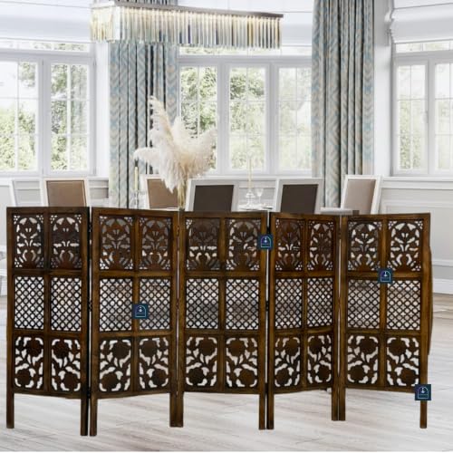 Image of Wooden Room Partition Screen with Burnt Wood Finish | Hand Buffed Traditional Handicraft Room Divider | Indoor Room Separator | Puja Room Divider (5 Panel 4 Feet)