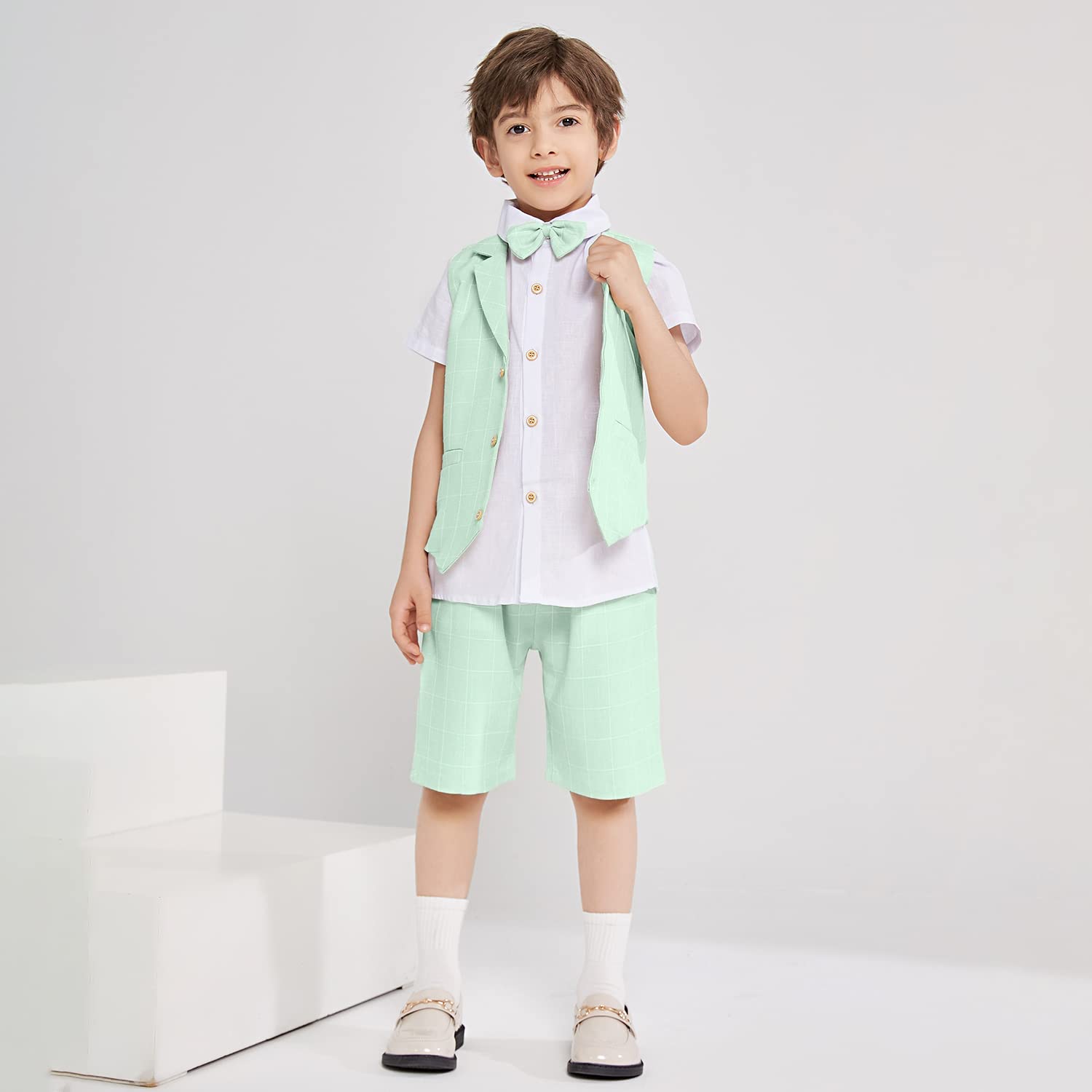 LOLANTA 4PZ Completo Cerimonia Bambino, Abito Bimbo Estivo con Gilet Pantalone Camicia e Papillon per 2-12 Anni