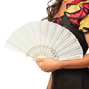 Boland 00508 – waaier Granada van stof, ca. 25 cm lang, wit met gouden ornamenten, jaren 20, The great Gatsby, Spanees, barok, kostuum, accessoire, themafeest, carnaval