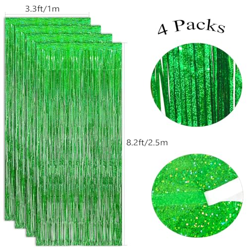 Image of 4 Pack Tinsel Backdrop 12.8x8.2 Green St Patricks Day Party Decorations, Metallic Backdrop Curtains Tinsel Curtains Streamer Backdrop, Party Supplies Wall Decor for Green Birthday Decorations