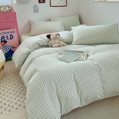 Image of Nayoroom Green Gingham Duvet Cover Full Size Plaid Dorm Bedding Set 3 Pieces Grid Checkered Duvet Cover with 2 Pillowcases, Soft Breathable Washed Microfiber