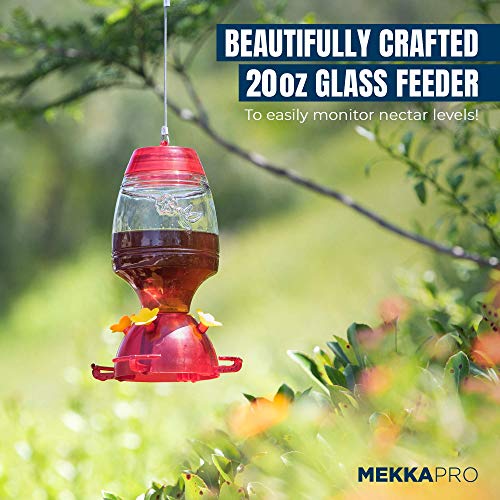 MEKKAPRO Oasis Hummingbird Feeder, 20 Ounce, Glass Hanging 4 Nectar Feeding Stations, Bright Red, Backyard Feeder