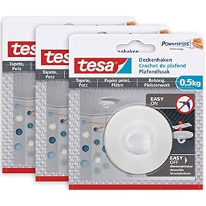 tesa 77781 Zelfklevende plafondhaken behang en pleisterwerk – ideaal voor het bevestigen van decoratieve objecten – houdt tot 0,5 kg/haak – zonder sporen verwijderbaar, wit, 3 stuks