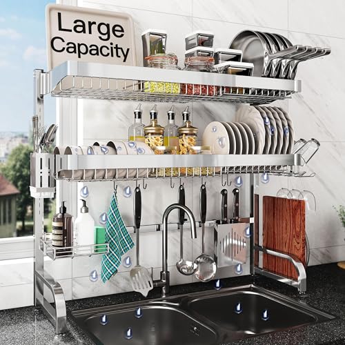 romision Over Sink Dish Drainer Drying Rack Stainless Steel Dish Rack Over Sink Sink Length Adjustable Expandable Drainer Shelf Rack with Multifunctional Organizers Sliver